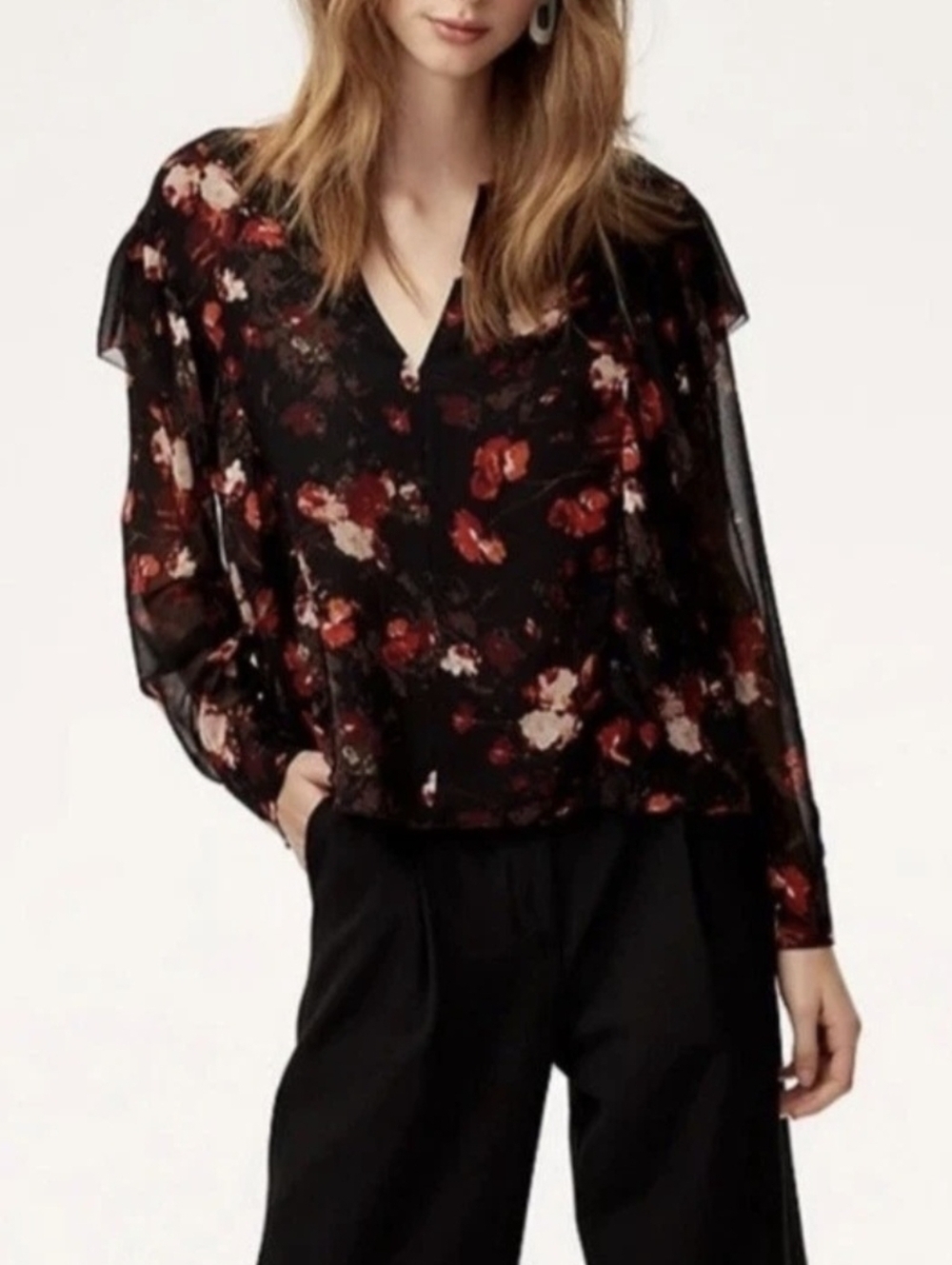 Wilfred Lilas Blouse Black Red Floral V-Neck Ruffle Sheer Long Sleeve Boho M